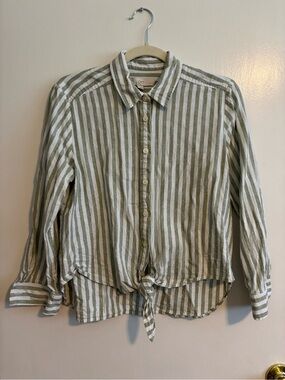 LOFT Green and White Striped Button-Up Shirt